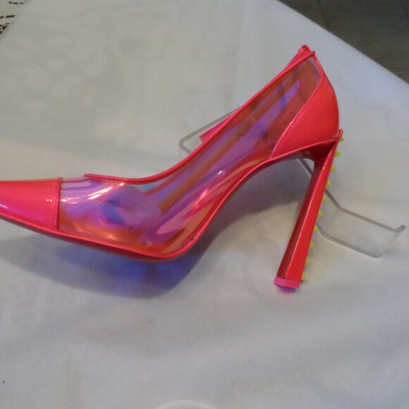 New Christian Louboutin Neon Pink PVC Studded Heel Mary Jane Pumps – IT 38.5B - Picture 6 of 16